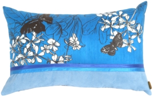 Floral Design in Blue Silk and Suede Rectangular Throw Pillow