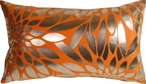 Metallic Floral Bright Orange Rectangular Throw Pillow
