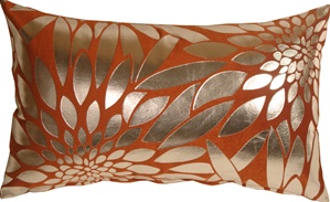 Metallic Floral Burnt Orange Rectangular Throw Pillow