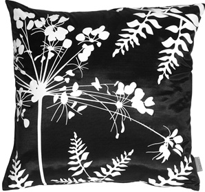 Black with White Spring Flower and Ferns Pillow