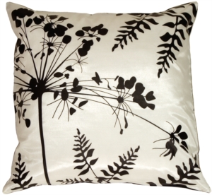 White with Black Spring Flower and Ferns Pillow
