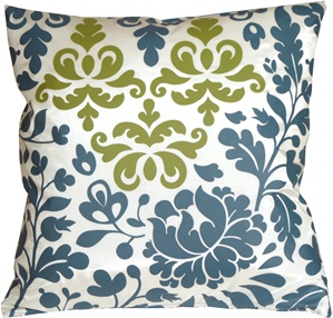 Bohemian Damask Blue, White and Olive Throw Pillow