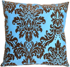 Brown Damask in Flocked Velvet Turquoise Accent Pillow