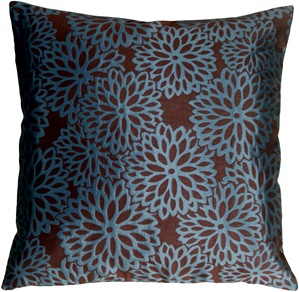 Teal Blue Floral Bloom in Espresso Brown Accent Pillow